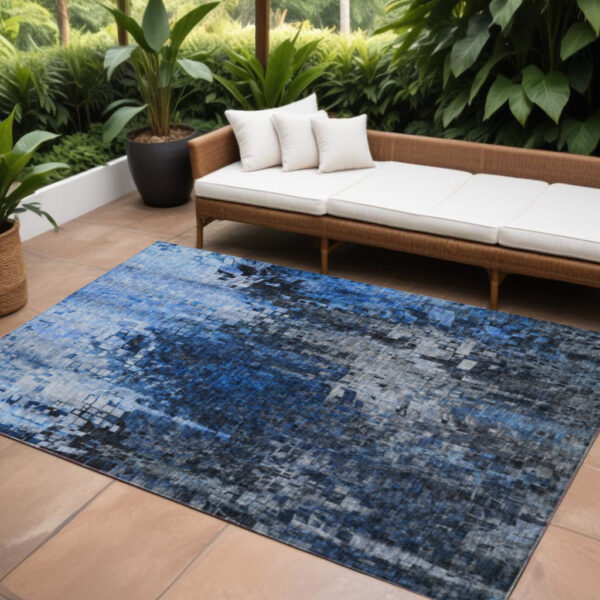 8' X 10' Navy Blue And Denim Blue Abstract Washable Indoor Outdoor Area Rug