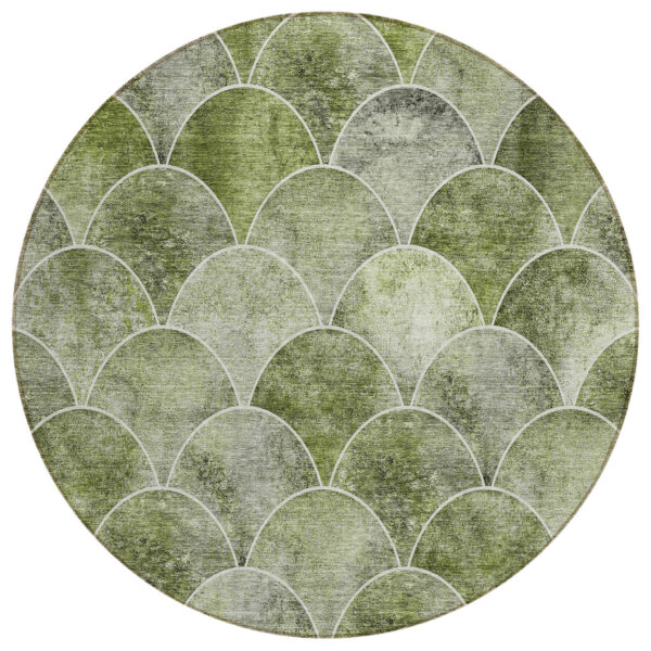 8' Green And Ivory Round Abstract Washable Indoor Outdoor Area Rug