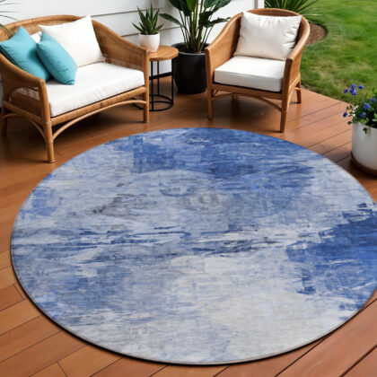 8' Denim Blue And Sky Blue Round Abstract Washable Indoor Outdoor Area Rug