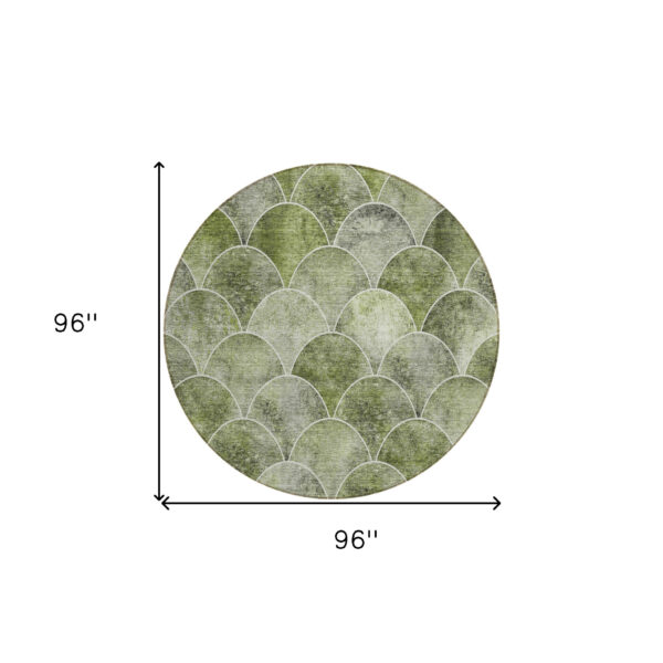 8' Green And Ivory Round Abstract Washable Indoor Outdoor Area Rug