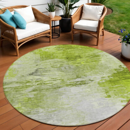 8' Artichoke Green And Lime Green Round Abstract Washable Indoor Outdoor Area Rug