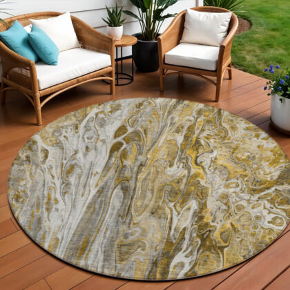 8' Brown Taupe And Gold Round Abstract Washable Indoor Outdoor Area Rug