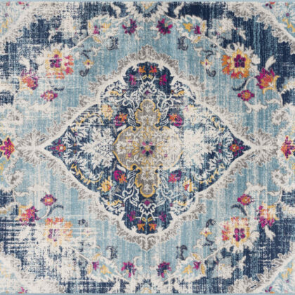 9’ x 13’ Blue Distressed Medallion Area Rug