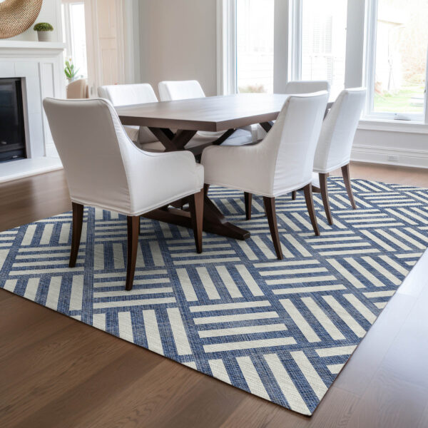 9' X 12' Navy Blue And Ivory Geometric Washable Indoor Outdoor Area Rug