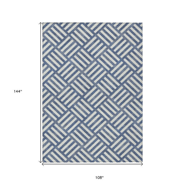9' X 12' Navy Blue And Ivory Geometric Washable Indoor Outdoor Area Rug