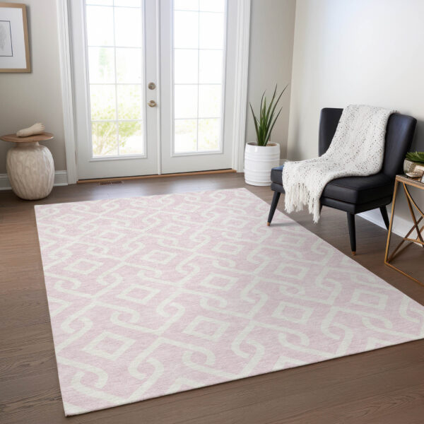 8' X 10' Pink And Ivory Geometric Washable Indoor Outdoor Area Rug