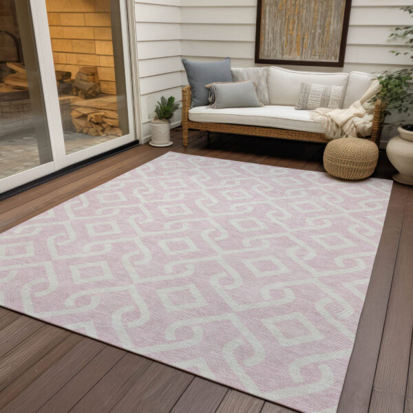 8' X 10' Pink And Ivory Geometric Washable Indoor Outdoor Area Rug
