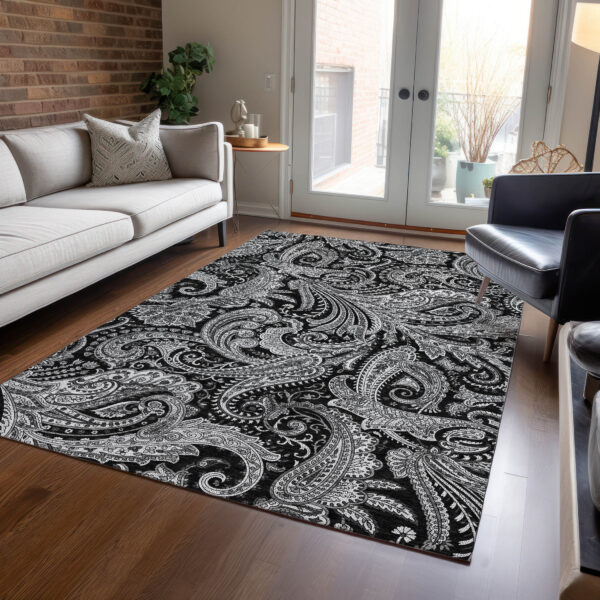 3' X 5' Black Gray And White Paisley Washable Indoor Outdoor Area Rug