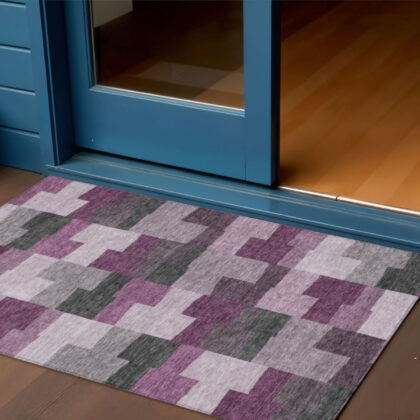 3' X 5' Merlot Mauve And Charcoal Geometric Washable Indoor Outdoor Area Rug