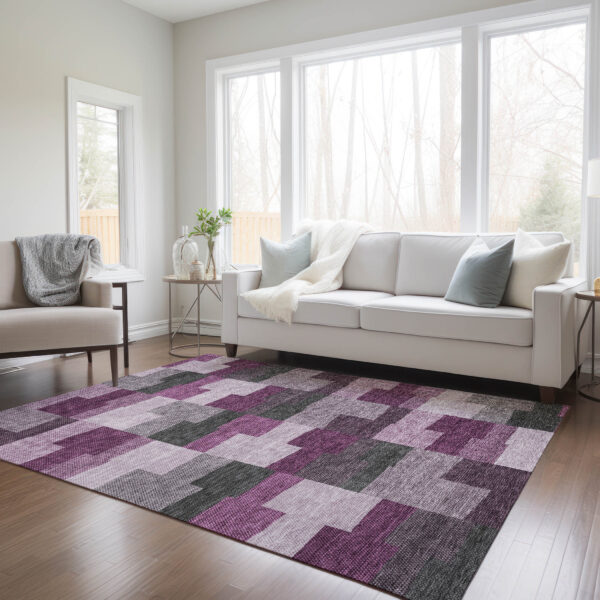 3' X 5' Merlot Mauve And Charcoal Geometric Washable Indoor Outdoor Area Rug