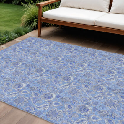10' X 14' Navy Blue And Denim Blue Floral Washable Indoor Outdoor Area Rug