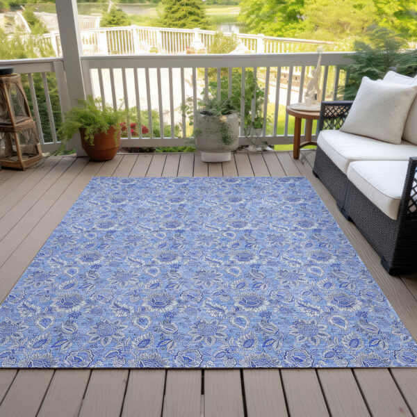 10' X 14' Navy Blue And Denim Blue Floral Washable Indoor Outdoor Area Rug