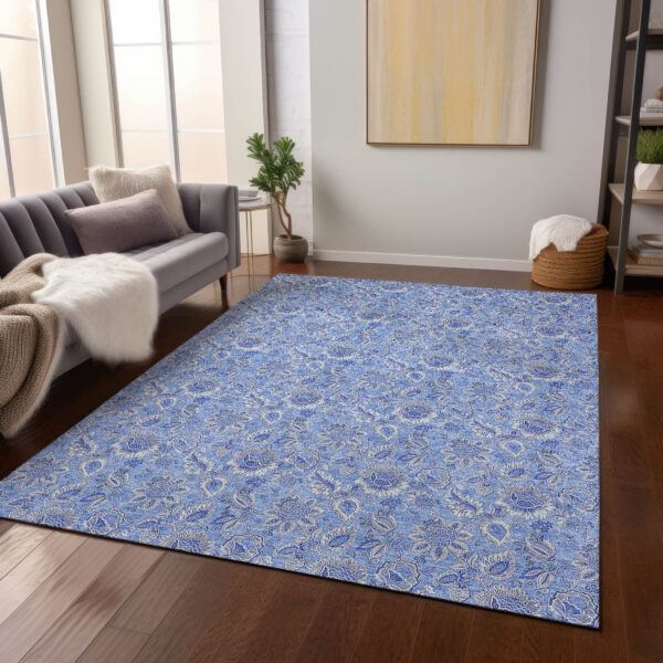 10' X 14' Navy Blue And Denim Blue Floral Washable Indoor Outdoor Area Rug