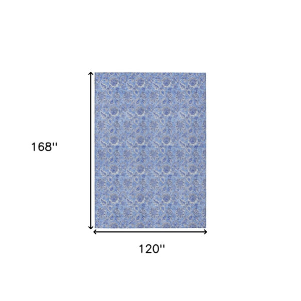 10' X 14' Navy Blue And Denim Blue Floral Washable Indoor Outdoor Area Rug