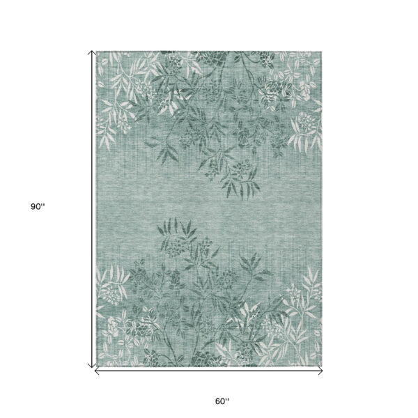 5' X 8' Sage Fern Green And Ivory Floral Washable Indoor Outdoor Area Rug