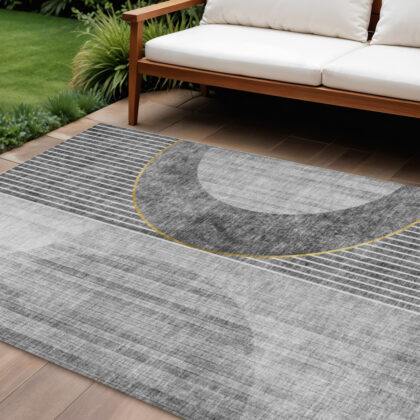 8' X 10' Charcoal Gray And Silver Geometric Washable Indoor Outdoor Area Rug