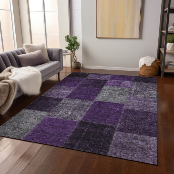 9' X 12' Eggplant Purple And Lilac Patchwork Washable Indoor Outdoor Area Rug