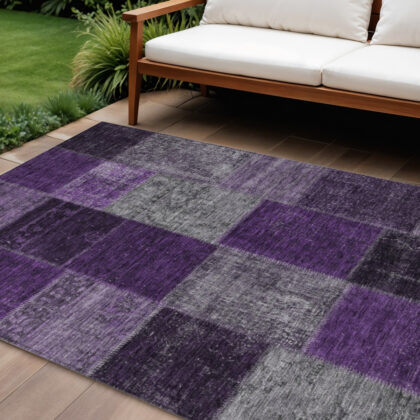 9' X 12' Eggplant Purple And Lilac Patchwork Washable Indoor Outdoor Area Rug