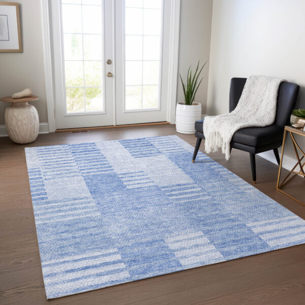 3' X 5' Sky Blue And Denim Blue Striped Washable Indoor Outdoor Area Rug