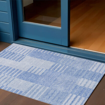 3' X 5' Sky Blue And Denim Blue Striped Washable Indoor Outdoor Area Rug