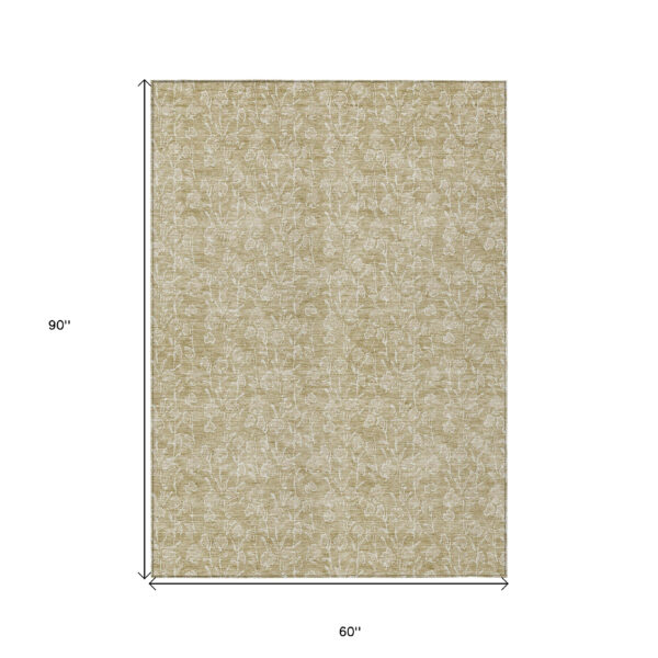 5' X 8' Beige And Ivory Floral Washable Indoor Outdoor Area Rug