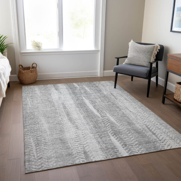 9' X 12' Silver Gray And Graphite Botanical Leaves Washable Indoor Outdoor Area Rug