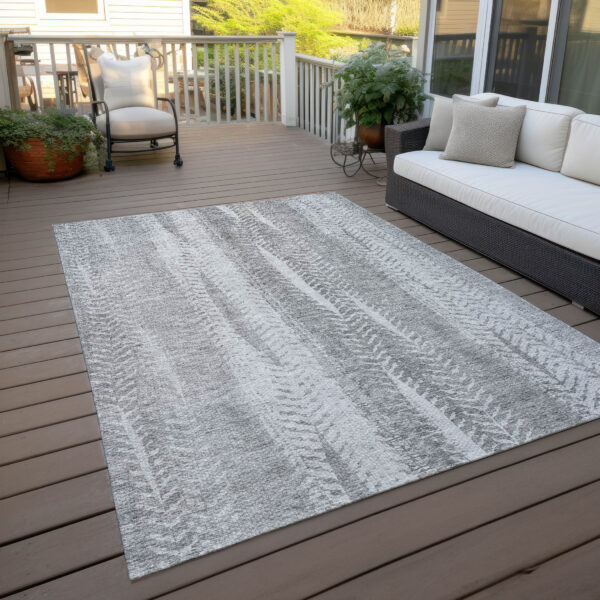 9' X 12' Silver Gray And Graphite Botanical Leaves Washable Indoor Outdoor Area Rug