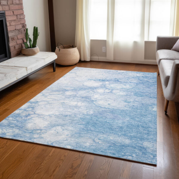 10' X 14' Sky Blue Denim Blue And Silver Abstract Washable Indoor Outdoor Area Rug