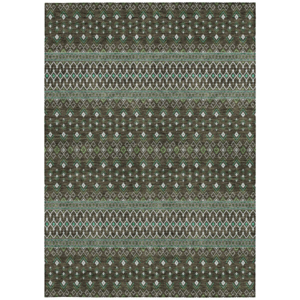 5' X 8' Brown Green And Olive Green Tribal Washable Indoor Outdoor Area Rug