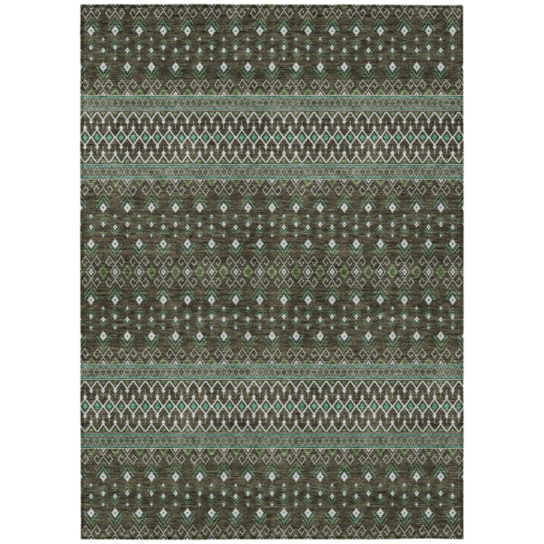 5' X 8' Brown Green And Olive Green Tribal Washable Indoor Outdoor Area Rug