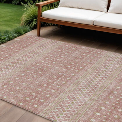 9' X 12' Blush Gold And Ivory Tribal Washable Indoor Outdoor Area Rug