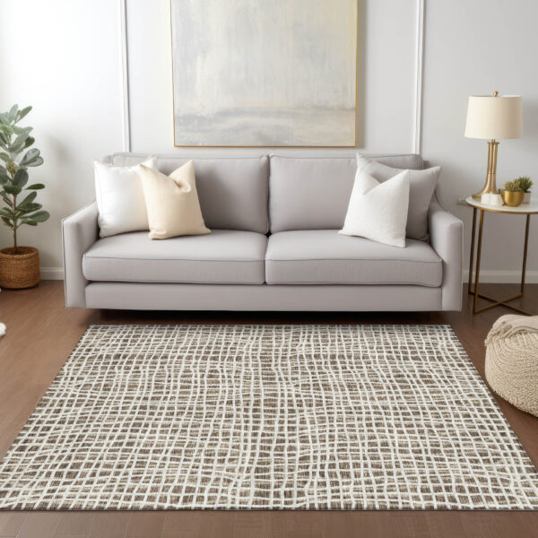 3' X 5' Brown Beige And Ivory Striped Washable Indoor Outdoor Area Rug