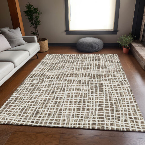 3' X 5' Brown Beige And Ivory Striped Washable Indoor Outdoor Area Rug