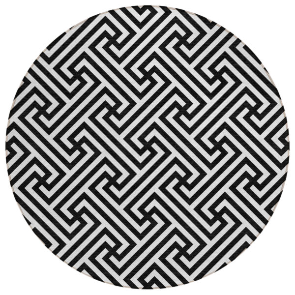 8' Black And Ivory Round Geometric Washable Indoor Outdoor Area Rug