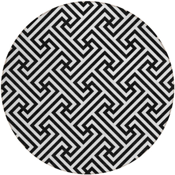 8' Black And Ivory Round Geometric Washable Indoor Outdoor Area Rug
