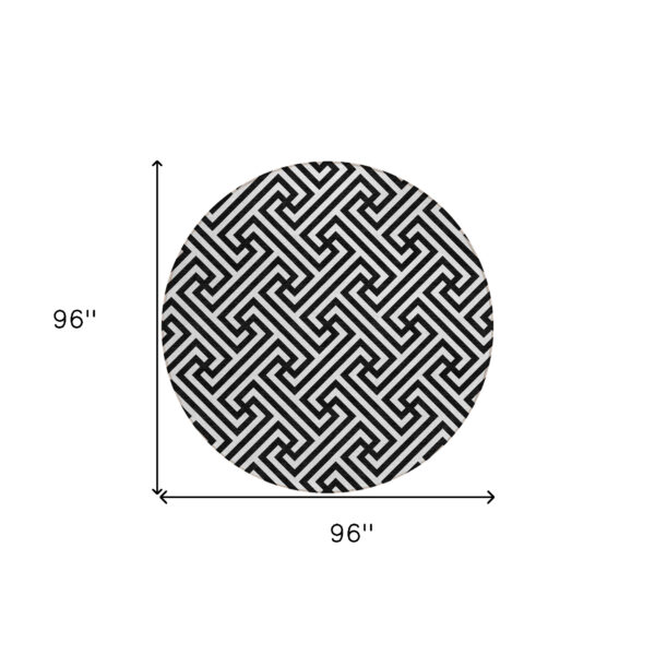8' Black And Ivory Round Geometric Washable Indoor Outdoor Area Rug