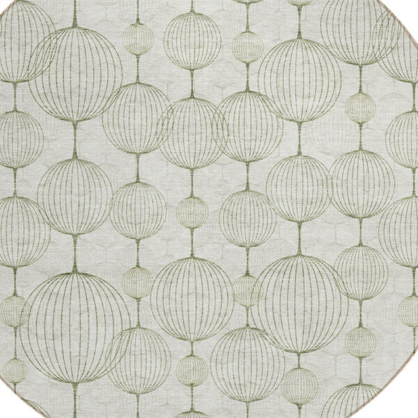 8' Green And Beige Round Geometric Washable Indoor Outdoor Area Rug