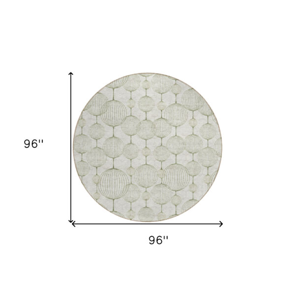 8' Green And Beige Round Geometric Washable Indoor Outdoor Area Rug