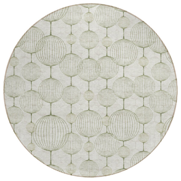 8' Green And Beige Round Geometric Washable Indoor Outdoor Area Rug