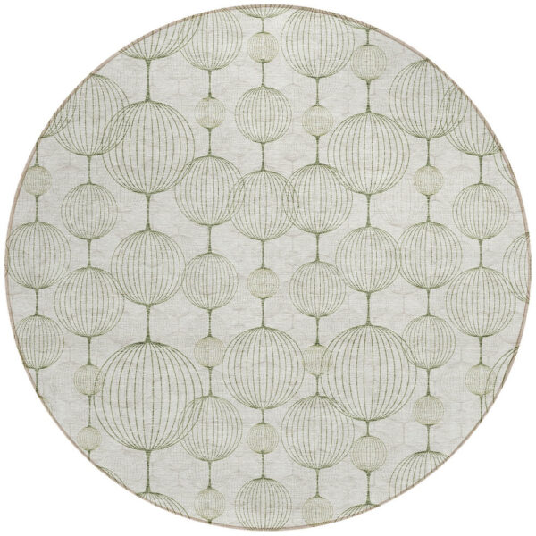 8' Green And Beige Round Geometric Washable Indoor Outdoor Area Rug