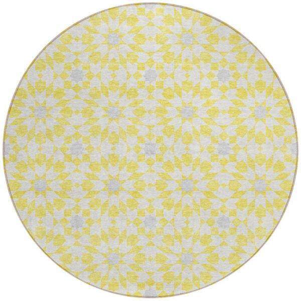 8' Yellow Ivory And Gray Round Floral Medallion Washable Indoor Outdoor Area Rug