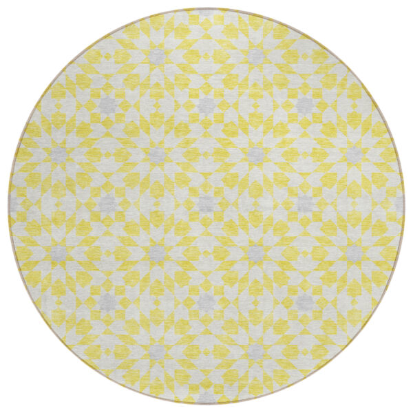 8' Yellow Ivory And Gray Round Floral Medallion Washable Indoor Outdoor Area Rug