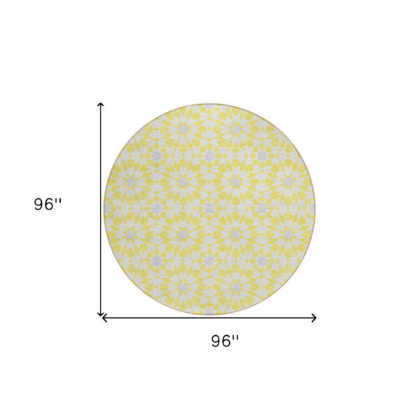 8' Yellow Ivory And Gray Round Floral Medallion Washable Indoor Outdoor Area Rug