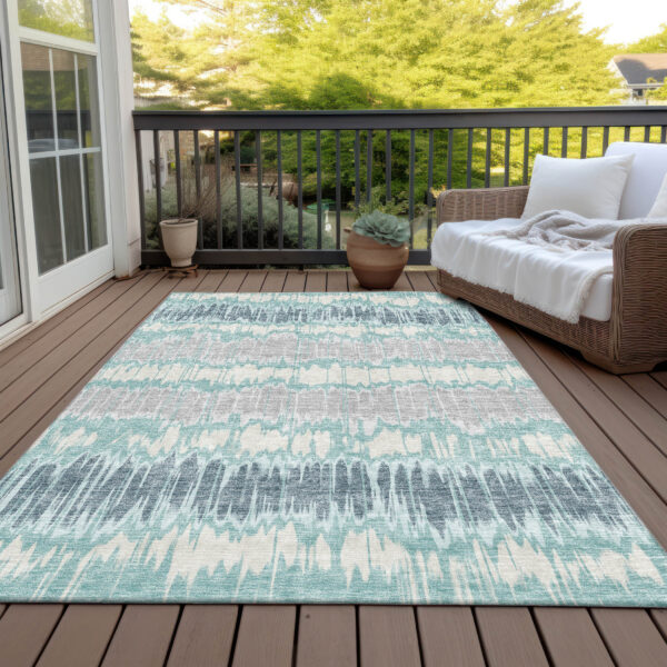 10' X 14' Teal Blue Aqua And Silver Striped Washable Indoor Outdoor Area Rug