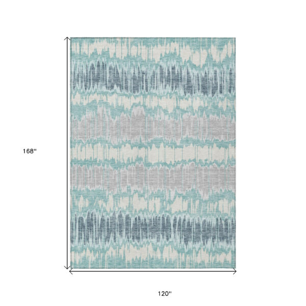 10' X 14' Teal Blue Aqua And Silver Striped Washable Indoor Outdoor Area Rug