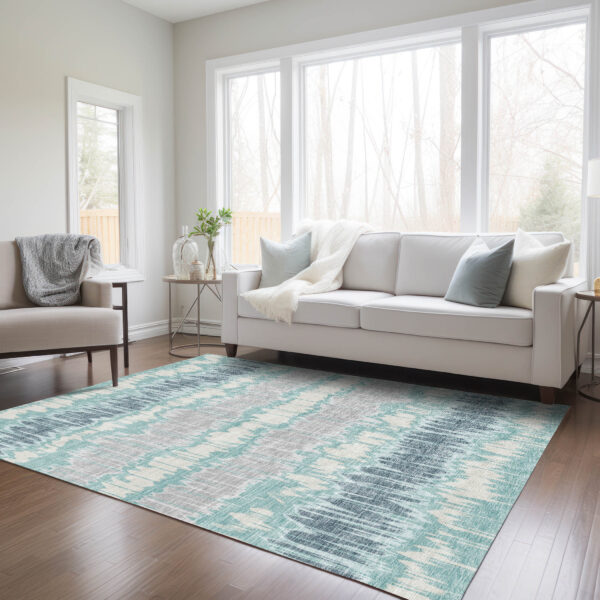 10' X 14' Teal Blue Aqua And Silver Striped Washable Indoor Outdoor Area Rug