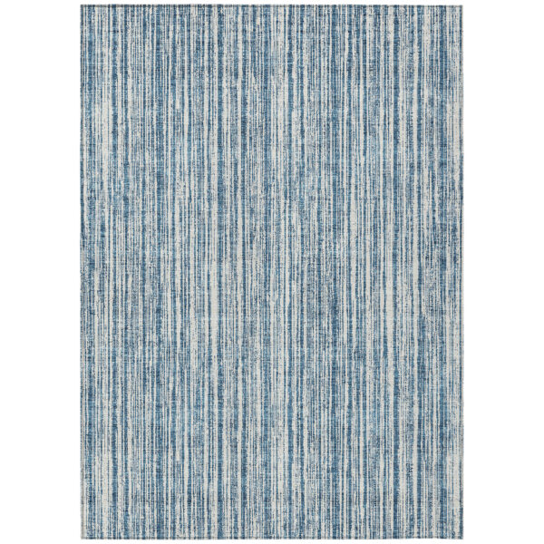 8' X 10' Blue And Ivory Striped Washable Indoor Outdoor Area Rug