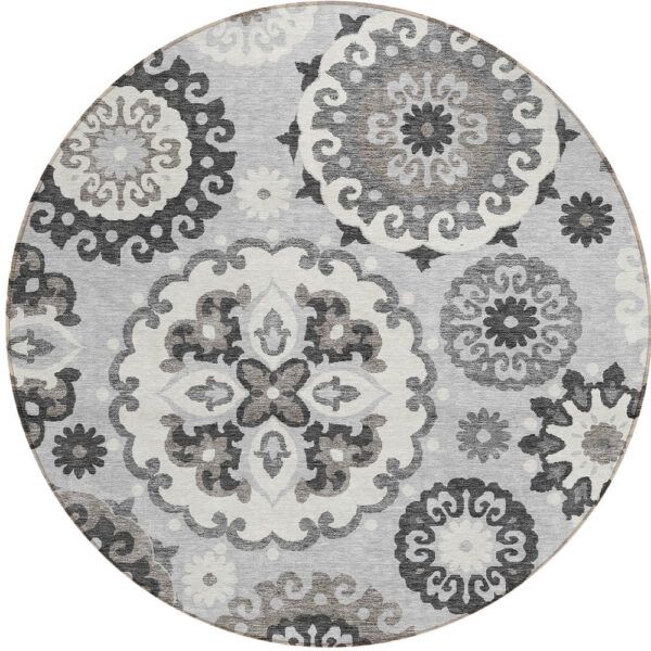 8' Silver Gray And Ivory Round Floral Medallion Washable Indoor Outdoor Area Rug