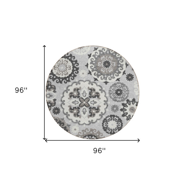 8' Silver Gray And Ivory Round Floral Medallion Washable Indoor Outdoor Area Rug
