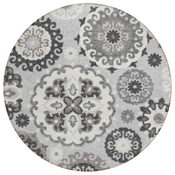 8' Silver Gray And Ivory Round Floral Medallion Washable Indoor Outdoor Area Rug
